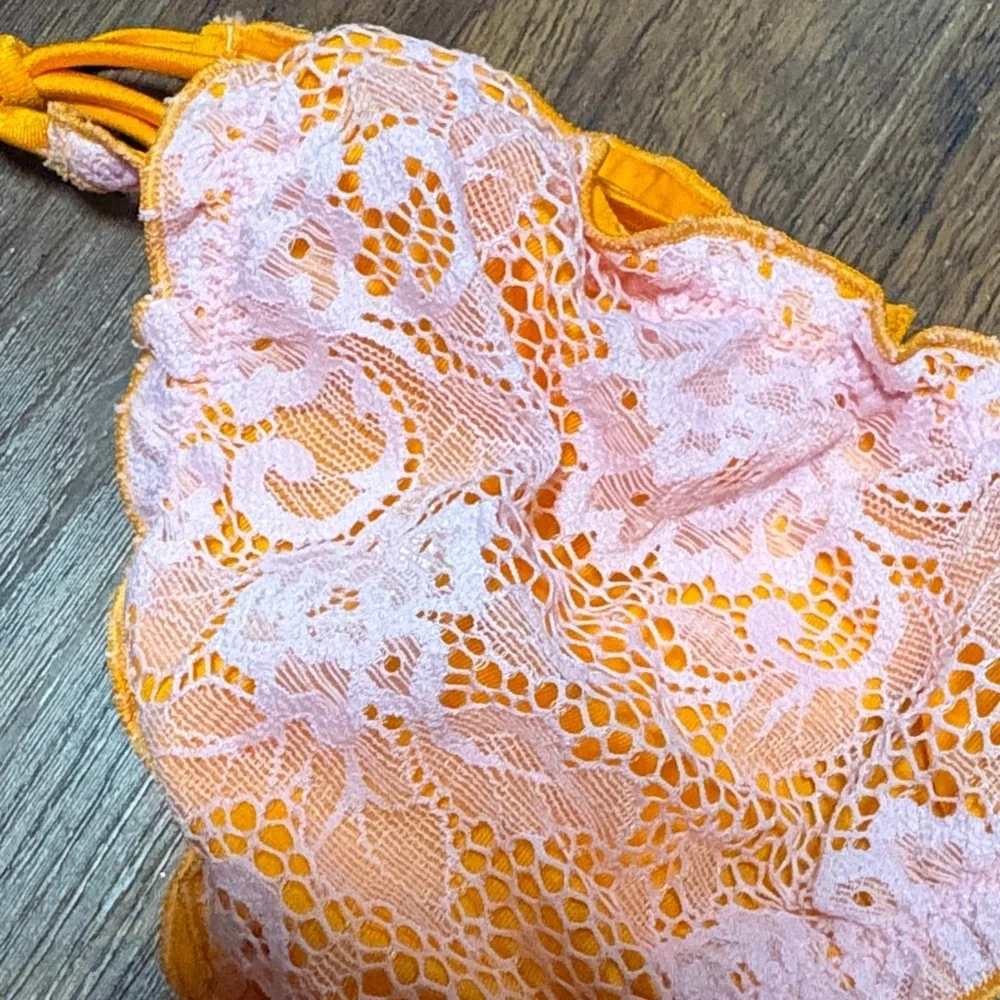Texenis Orange and Pink Lace Bikini Bottom Large